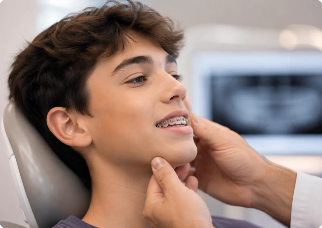 Adolescent souriant avec des bagues dentaires en fauteuil de soin