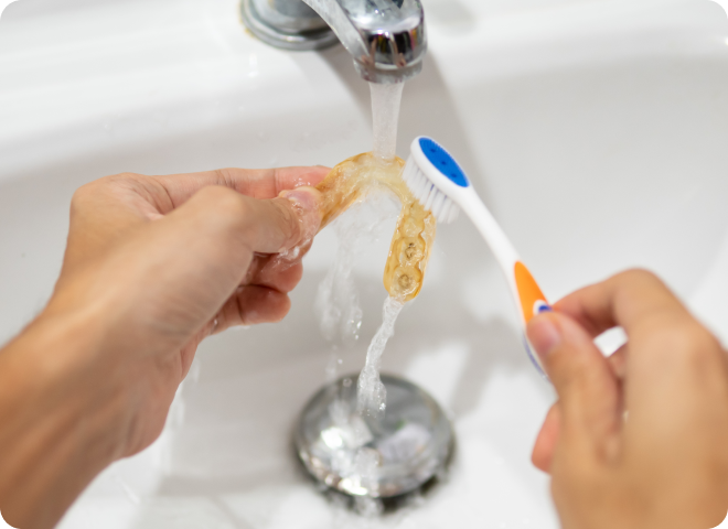 Nettoyage d'un appareil dentaire amovible au-dessus d'un lavabo